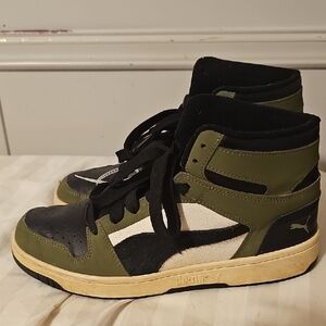 Puma High-Top Sneakers - Olive, Black, and White